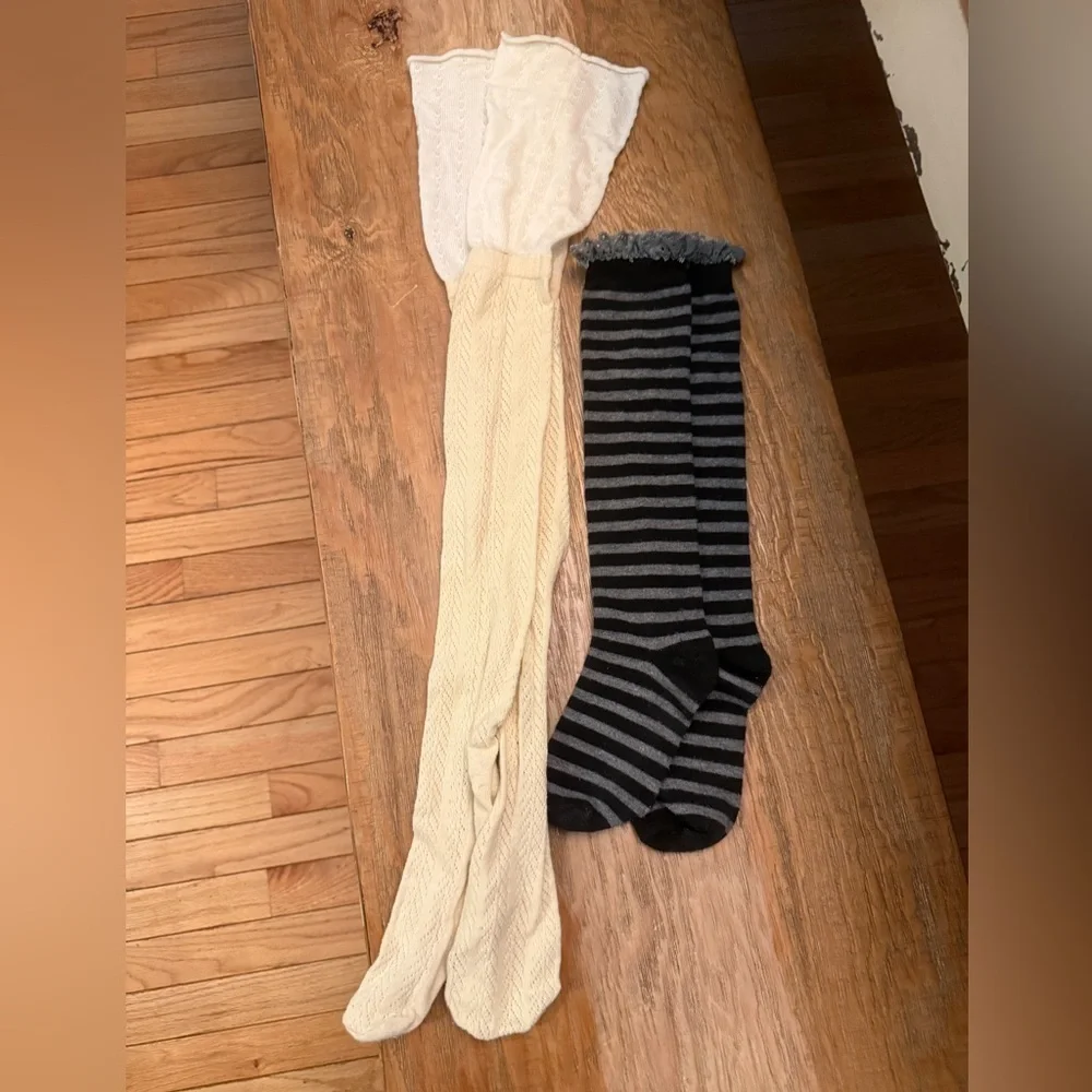 Black and Gray Striped Lace top & Cream Thigh high knit socks 2 pair academia